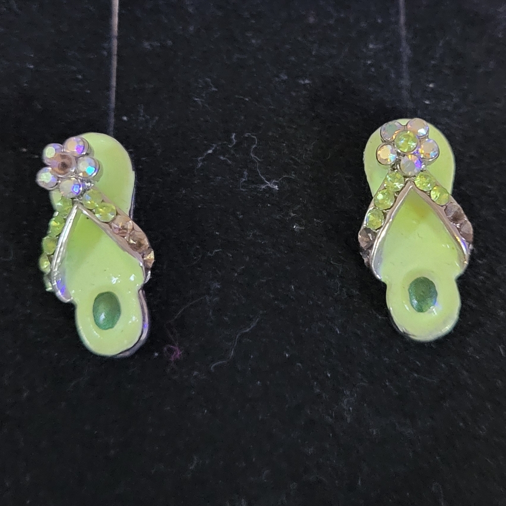 Earrings, green flip-flop with rhinestones